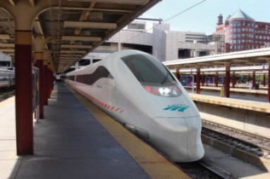 An artist's rendering of an Amtrak high speed train in Boston.