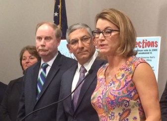Rep. Themis Klarides and Sen. Len Fasano, the GOP minority leaders. At left, Sen. Michael McLachlan.