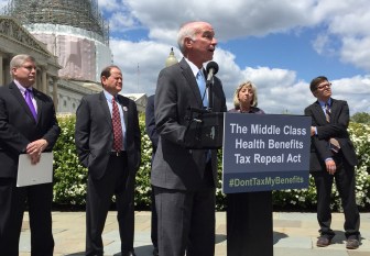 Rep. Joe Courtney Tuesday explaining his bill. Behind him, left to right, are Christian Leinbach, Commissioner, Berks County, Pa;   James Klein, President American Benefits Council;   Rep. Dina Titus, D-Nev.; and  Josh Bivens of the   Economic Policy Institute.