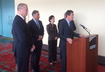 Gov. Dannel P. Malloy with Govs. Charlie Baker, Peter Shumlin, Gina Raimondo. Paul LePage is behind Malloy.