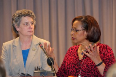 Sen. Beth Bye and Rep. Toni Walker, co-chairs of the legislature's Appropriations Committee, presenting their budget proposal in April.
