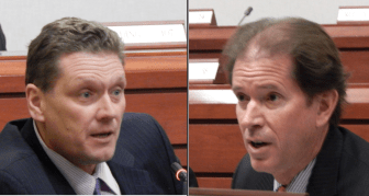 Rep. Russ A. Morin, D-Wethersfield, and Sen. L. Scott Frantz, R-Greenwich, members of the Finance, Revenue and Bonding Committee, debate tax proposals put forward by Democrats Wednesday.
