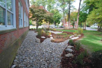 A rain garden installed to solve a ponding problem at a Milford government building
