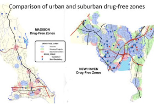 As the colored areas on the maps show, most of New Haven falls into a drug-free zone, where criminal penalties are higher. 