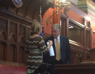 House Speaker J. Brendan Sharkey and House MInority Leader Themis Klarides discussing the House agenda Wednesday.