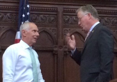 Mark Ojakian, the governor's chief of staff, and House Speaker J. Brendan Sharkey consult Thursday. Both were in overnight budget talks.