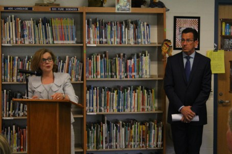 Education Commissioner Dianna Wentzell with Gov. Dannel P. Malloy at a library at an elementary school in Bristol.