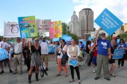 Teachers, students and union leaders rally against Smarter Balanced tests outside the state Capitol.