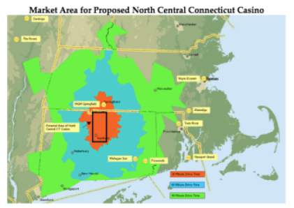 The tribes want a casino in north-central Connecticut. The map shows driving times: brown, 30 minutes; blue, 60 minutes; green, 90 minutes