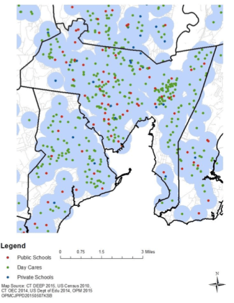 School zones cover nearly all of New Haven, center.