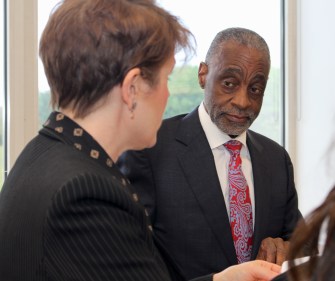 Bloomfield Supt. James Thompson Jr. during a meeting with his administrative staff. At left is Bethany Silver, the school system's director of assessment.