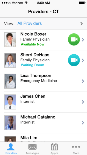 A list of doctors available to Connecticut patients through the LiveHealth Online app. None are based in Connecticut.