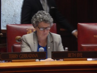 Sen, Beth Bye, Appropriations Committee co-chair, in the Senate  chamber during Monday's special session