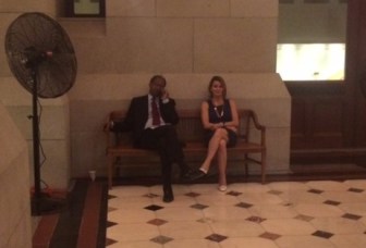 Sen. Eric Coleman, a lead sponsor of the police accountability bill, discusses the measure with House GOP leader Themis Klarides, She refused to back  the bill.