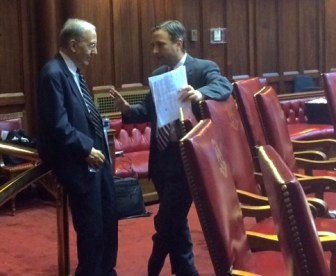 Senate President Pro Tem Martin M. Looney and Majority Leader Bob Duff in one of many consultations Monday