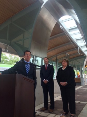 Gov. Dannel P. Malloy kicks off a transportation road show at the CT fastrak station in New Britain.