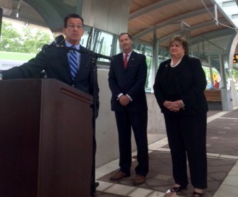 Gov. Dannel P. Malloy promotes his transportation initiative at the CT fastrak station in New Britain.