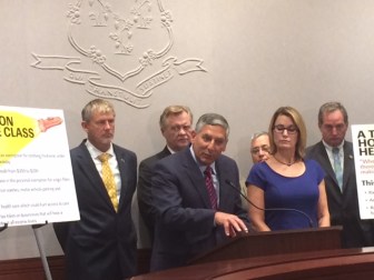 Senate Minority Leader Len Fasano makes a point to reporters. At right, House Minority Leader Themis Klarides.