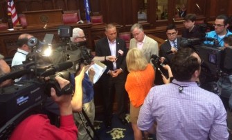 House Speaker J. Brendan Sharkey, right, and House Majority Leader Joe Aresimowicz brief reporters.