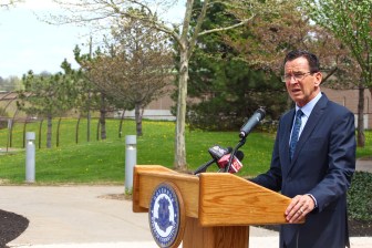 Gov. Dannel P. Malloy outside the entrance of the Connecticut Juvenile Training School in Middletown, a locked jail for young males that break the law.