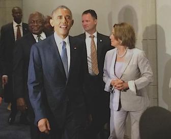 President Obama at the Capitol Friday to push for his trade legislation. House Minority Leader Nancy Pelosi is on the right.