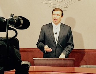U.S. Sen. Chris Murphy discusses the Iran nuclear pact at a press conference at the Legislative Office Building in Hartford Friday.