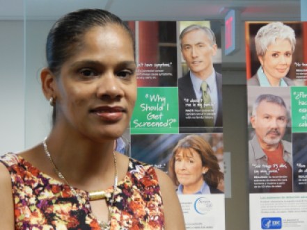 This is a picture of Rebecca Santiago, community healthcare nurse navigator, at the Curtis D. Robinson Center for Health Equity at St. Francis Hospital and Medical Center in Hartford.