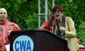 U.S. Rep. Rosa DeLauro, D-3rd District, speaks against the Trans Pacific Partnership fast track bill at a rally held a year ago by organized labor. He spoke against it again on Monday.