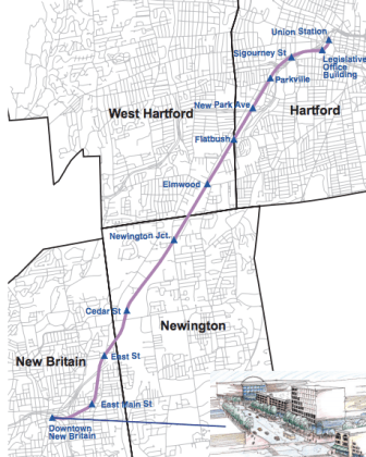 CTfastrak's route from New Britain to Hartford.