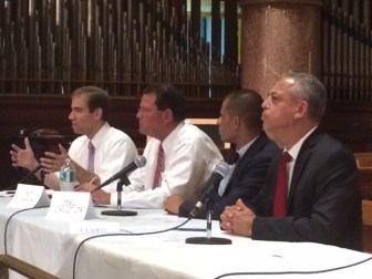 Luke Bronin, at left, and Mayor Pedro Segarra, at right, at a arts forum with Republican Ted Cannon and independent Joel Cruz Jr.