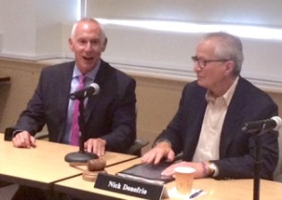 Mark Ojakian, left, and Nicholas M. Donofrio, chair of the governing board of the Connecticut State Colleges and Universities system