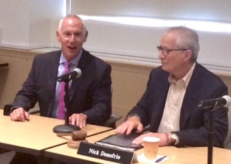 Mark Ojakian, left, and Nicholas M. Donofrio, chair of the governing board of the Connecticut State Colleges and Universities system