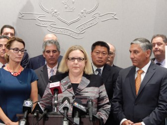 Connecticut Hospital Association CEO Jennifer Jackson, center, during a press conference with House Minority Leader Themis Klarides and Senate Minority Leader Len Fasano.