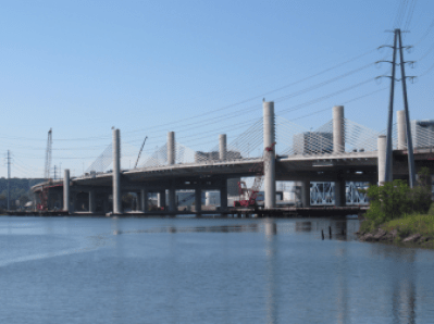 The Pearl Harbor Memorial Bridge, known as the Q bridge, which carries I-95 over New Haven harbor.