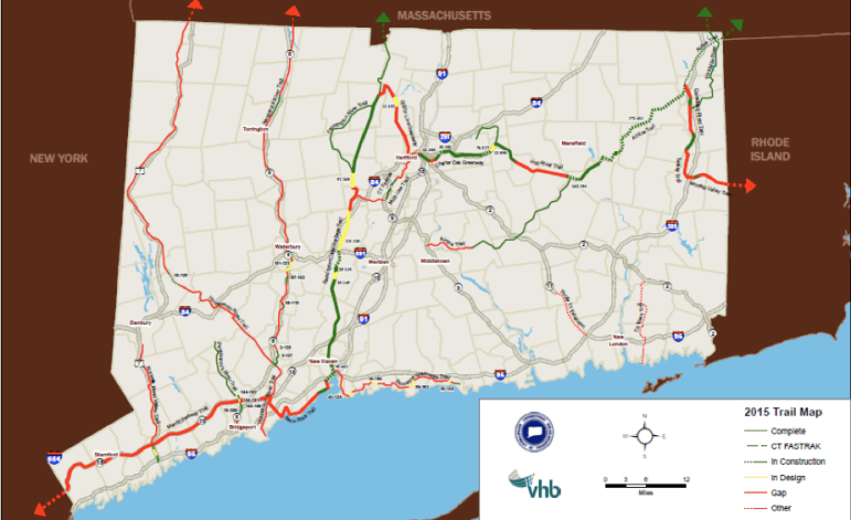 The Farmington Valley trail system runs from New Haven. Gaps are marked in yellow and red.
