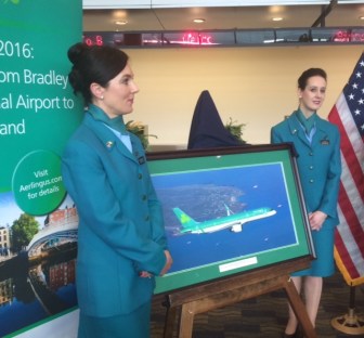 Aer LIngus flight attendants help announce service from Bradley.