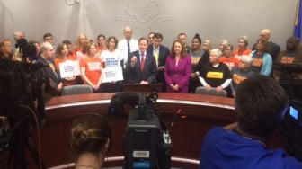 Sen. Richard Blumenthal, Sen. Chris Murphy and Rep. Elizabeth Esty calling for better background checks.