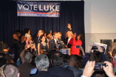 Luke Bronin celebrates his victory with his supporters