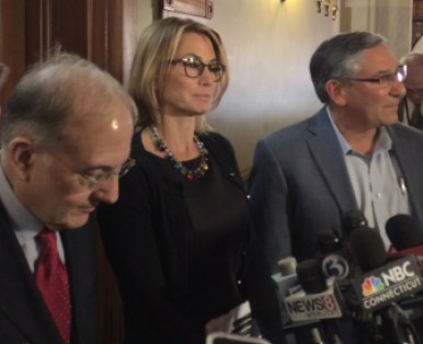 Left to right, Senate Majority Leader Martin M. Looney of New Haven, House Minority Leader Themis Klarides of Derby and Senate Minority Leader Len Fasano of North haven after meeting with Gov. Dannel P. Malloy Monday.