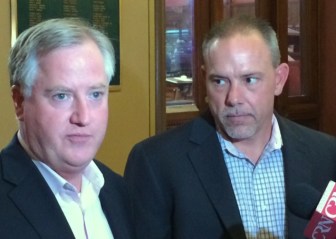 Speaker J. Brendan Sharkey and Majority Leader Joe Aresimowicz take questions from reporters Friday.