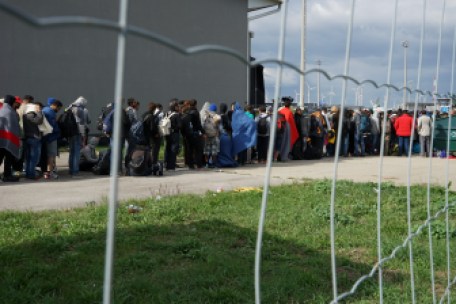 A line of Syrian refugees crossing the border of Hungary and Austria in September.
