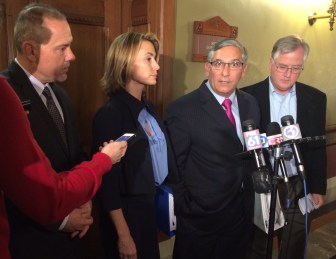 Legislative leaders announce they failed to reach a bipartisan deal on how to close the state budget deficit. From left, House Majority Leader Joe Aresimowicz, House Minority leader Themis Klarides, Senate Majority Leader Len Fasano and House Speaker Brendan Sharkey.