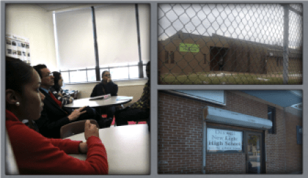 (Left) Gov. Malloy at an alternative school in Norwalk. Also pictured are the buildings of alternative programs in Hartford and New Haven.