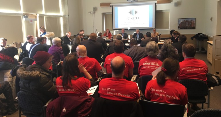 American Association of University Professors members wore red in a show of solidarity at a meeting of the Board of Regents for Higher Education on Thursday, Jan. 21. The board, which oversees the Connecticut State Colleges and Universities system, held its final meeting before the contract arbitration deadline.