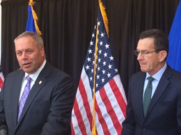 Correction Commissioner Scott Semple introducing Gov. Dannel P. Malloy, who announced another year of falling crime statistics