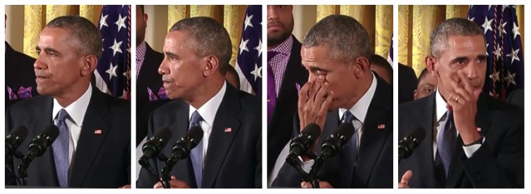 Obama wipes away tears as he talks about the deaths of 20 first-graders at Sandy Hook Elementary School.