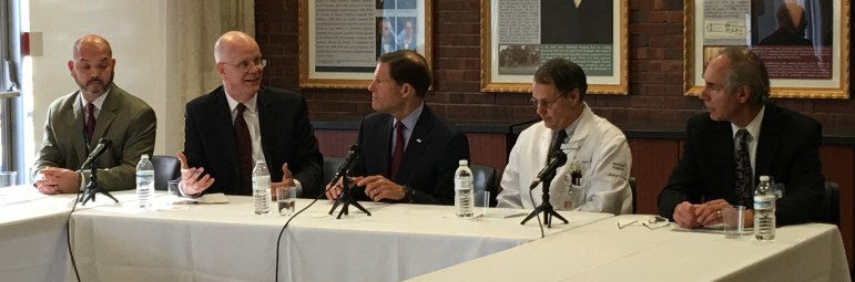 At Tuesday's panel: (l-r) Healthcare Advocate General Counsel Demian Fontenella, Comptroller Kevin Lembo, U.S. Sen. Richard Blumenthal, Hartford Hospital Medical Oncology Director Dr. Peter Schauer, Hartford Hospital Pharmacy Director Mike Rubino