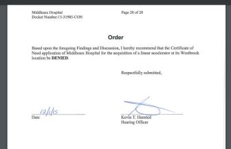 This is a picture of The Office of Health Care Access' proposed final decision denying Middlesex Hospital's proposal. The office has not yet issued a final decision.