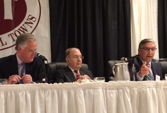 House Speaker Brendan Sharkey, Senate Majority Leader Martin Looney and Senate Minority Leader Len Fasano discuss the state budget at the Council of Small Towns annual meeting.