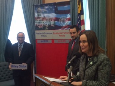 Democrat Nick Balletto promoted his candidate at event with Republican J.R. Romano and Secretary of the State Denise Merrill.